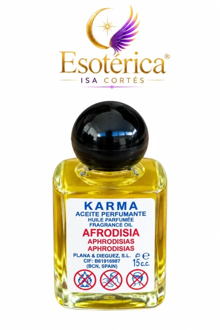 Frasco de aceite perfumante Afrodisia de Karma, de 15 c.c., con tapón esférico negro