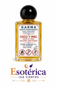 Aceite perfumante coco y miel de la marca Karma en frasco de cristal