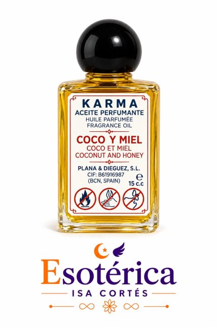 Aceite perfumante coco y miel de la marca Karma en frasco de cristal