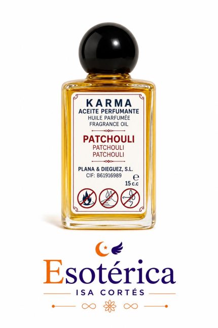 Aceite perfumante patchouli de la marca Karma en frasco de cristal