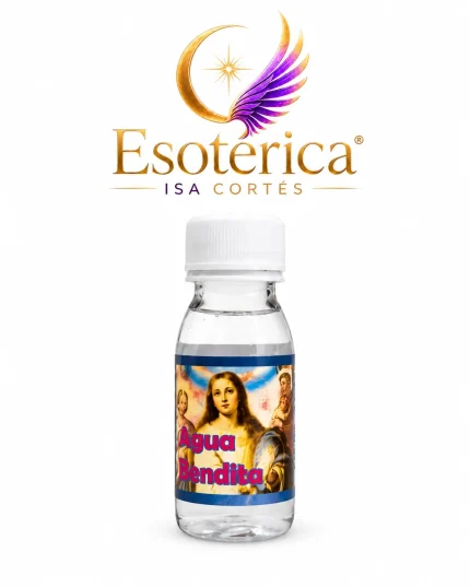 Botella de agua bendita con etiqueta azul y tapón blanco