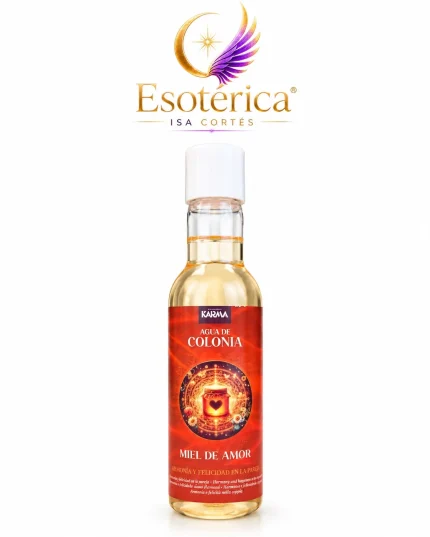 Botella de cristal de agua de colonia Miel de Amor de Karma con etiqueta roja y un tarro de miel con corazón