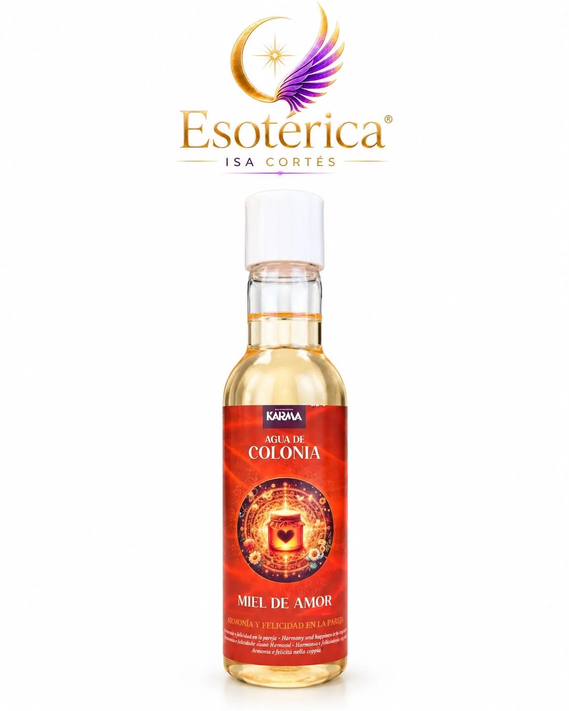 Agua de Colonia Miel de Amor Karma Botella de cristal de agua de colonia Miel de Amor de Karma con etiqueta roja y un tarro de miel con corazón