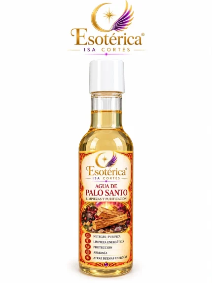 Botella de cristal de agua de colonia Palo Santo de Karma con etiqueta roja y dorada y tapón blanco