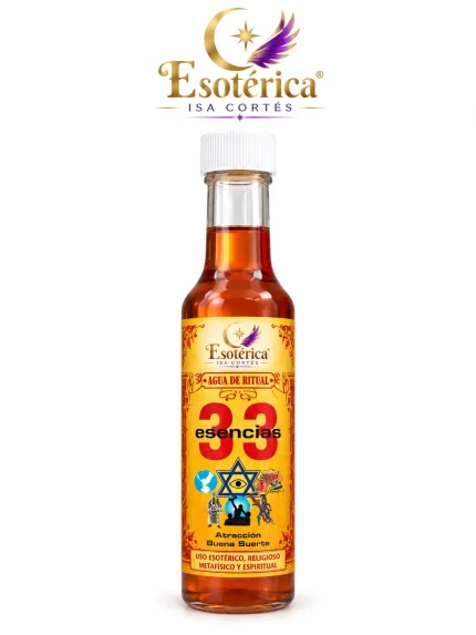 Botella de cristal de agua de ritual 33 Esencias de Karma con etiqueta amarilla y roja y tapón blanco