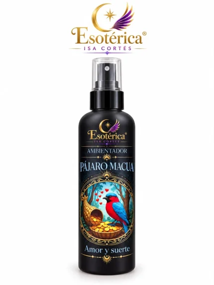 Bote negro de ambientador Pájaro Macuá de Karma con un pájaro rojo y azul y un cuerno de monedas