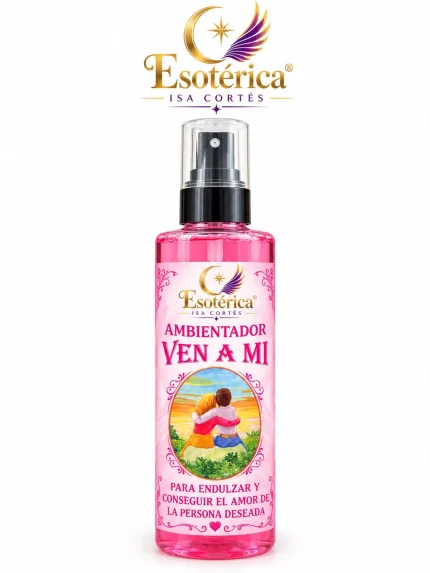 Bote rosa de ambientador Ven a Mí de Karma con una etiqueta de pareja abrazada y tapa de spray negra