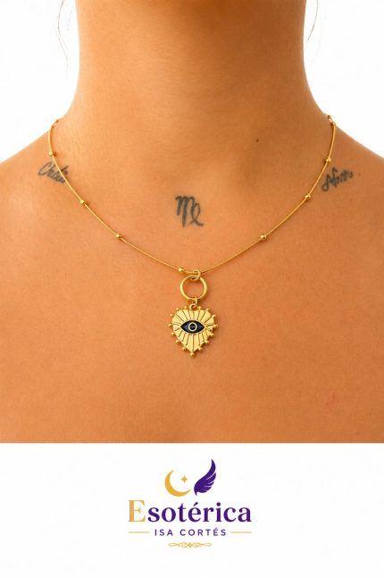 Collar Corazón Ojo Turco Acero Dorado, Amuletos de Protección