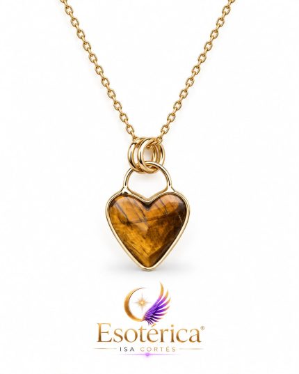 Colgante en forma de corazón de ojo de tigre con reflejo dorado sobre cadena de acero