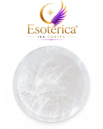 Cuenco redondo y pequeño de selenita blanca satinada con el logotipo de Esotérica Isa Cortés