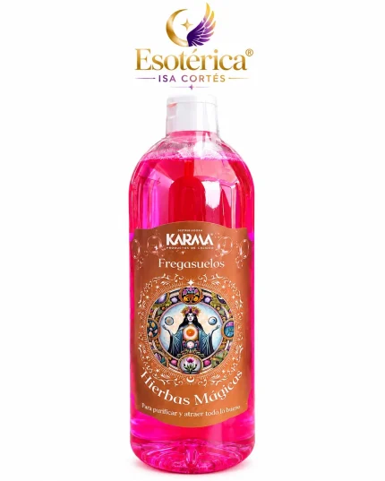 Botella de fregasuelos Hierbas Mágicas de Karma con líquido rosa y etiqueta cobriza