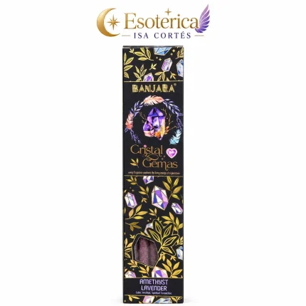Caja de incienso Banjara Cristal Gemas de amatista y lavanda con la marca Esotérica Isa Cortés