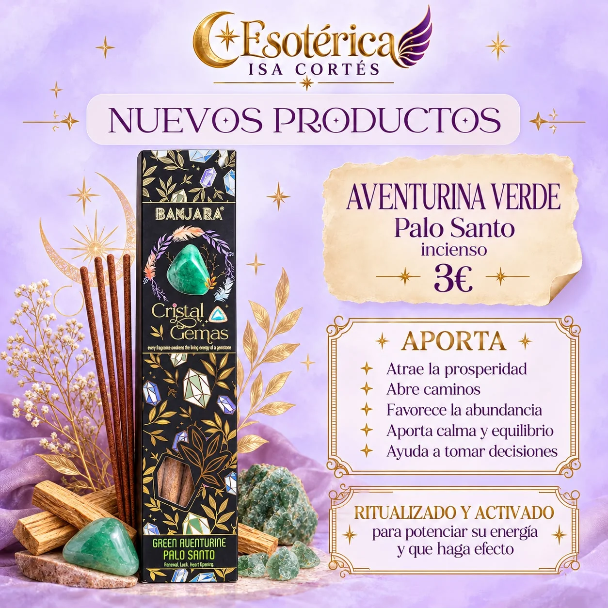 Incienso Aventurina Verde con Palo Santo Cartel del incienso aventurina verde con palo santo ritualizado y activado