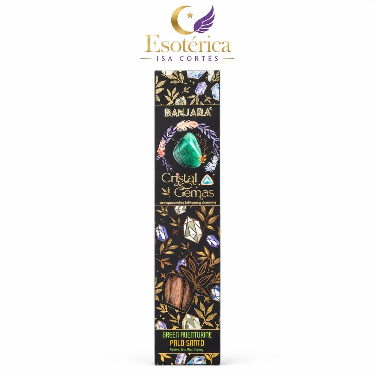 Incienso Aventurina Verde con Palo Santo Caja de incienso Banjara Cristal Gemas de aventurina verde y palo santo con la marca Esotérica Isa Cortés