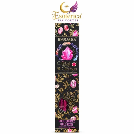 Caja de incienso Banjara Cristal Gemas de cuarzo rosa y rosa silvestre con la marca Esotérica Isa Cortés