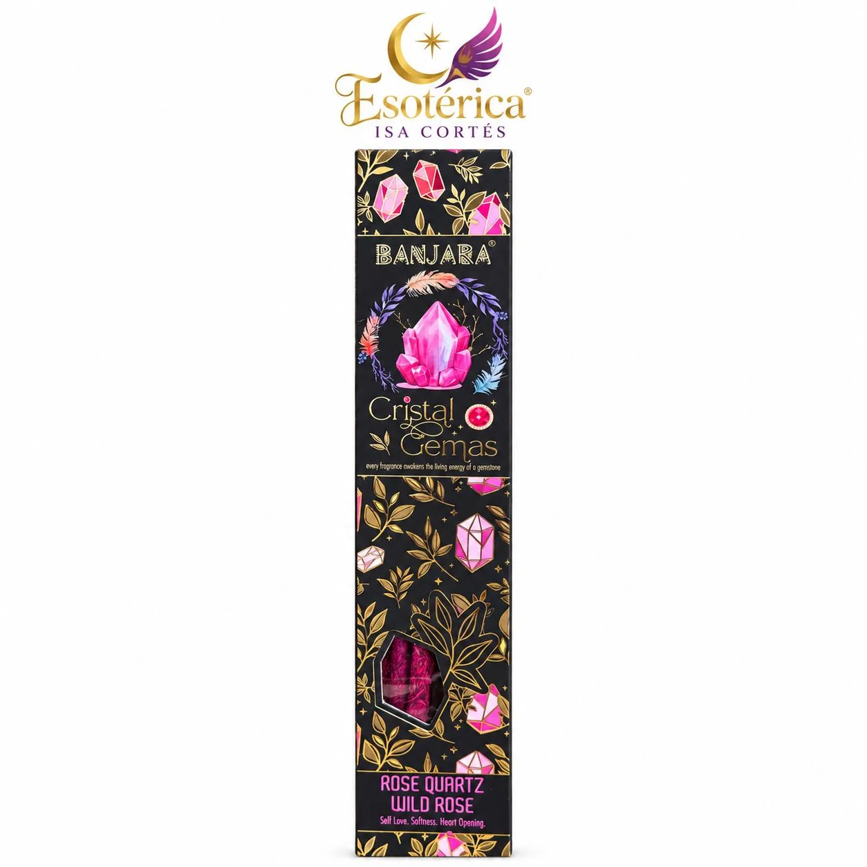 Incienso Cuarzo Rosa con Rosa Silvestre Caja de incienso Banjara Cristal Gemas de cuarzo rosa y rosa silvestre con la marca Esotérica Isa Cortés