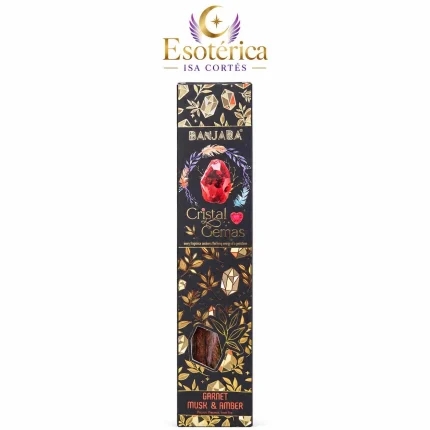 Caja de incienso Banjara Cristal Gemas de granate y almizcle y ámbar con la marca Esotérica Isa Cortés