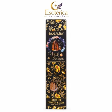 Caja de incienso Banjara Cristal Gemas de ojo de tigre y canela y clavo con la marca Esotérica Isa Cortés