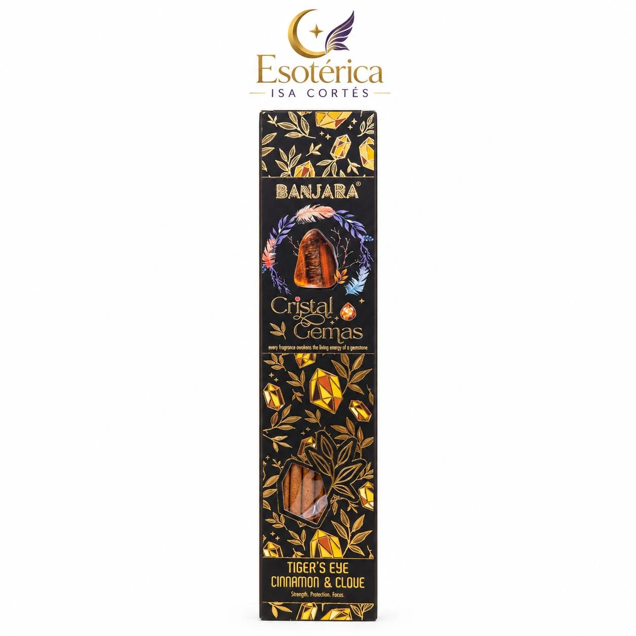 Incienso Ojo de Tigre con Canela y Clavo Caja de incienso Banjara Cristal Gemas de ojo de tigre y canela y clavo con la marca Esotérica Isa Cortés