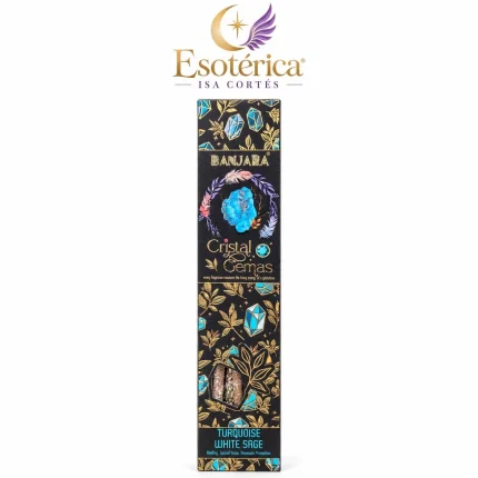 Caja de incienso Banjara Cristal Gemas de turquesa y salvia blanca con la marca Esotérica Isa Cortés