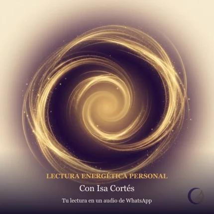 Lectura energética personal con Isa Cortés: espiral dorada sobre fondo morado y la frase "Tu lectura en un audio de WhatsApp"