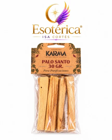 Paquete de palo santo Karma de 30 gramos en bolsa transparente con cartón colgador