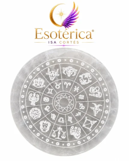 Placa redonda de selenita con los doce signos del zodiaco grabados y un sol en el centro