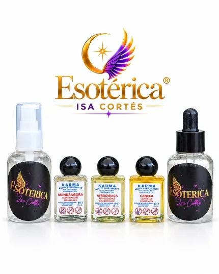 Tres aceites perfumantes Karma junto a un bote con dosificador y un bote gotero de Esotérica Isa Cortés
