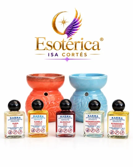 Aceites perfumantes Karma con dos quemadores cerámicos, uno naranja y otro azul