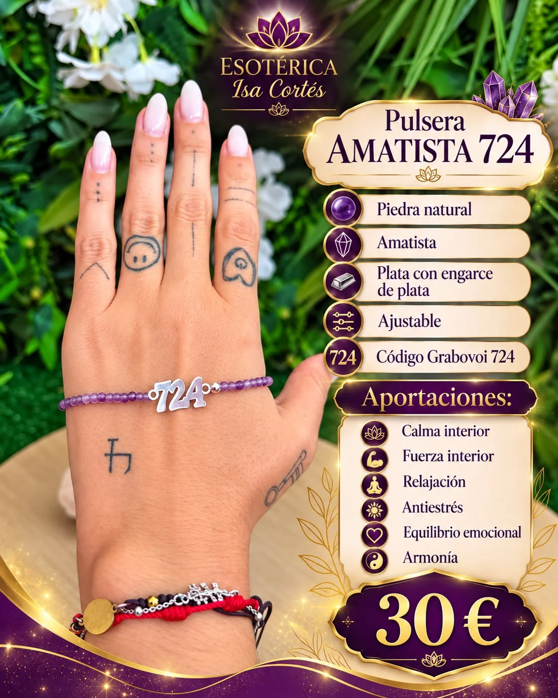 Pulsera de Amatista 724 Grabovoi en Plata Cartel de la pulsera de amatista 724 con sus características