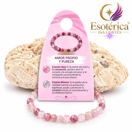 Pulsera amor propio y pureza con cuentas de tono claro y rosado en hilo elástico