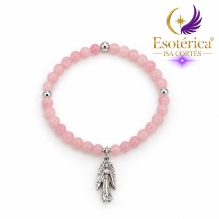 Pulsera de cuarzo rosa con medalla de plata del Arcángel Chamuel en hilo elástico