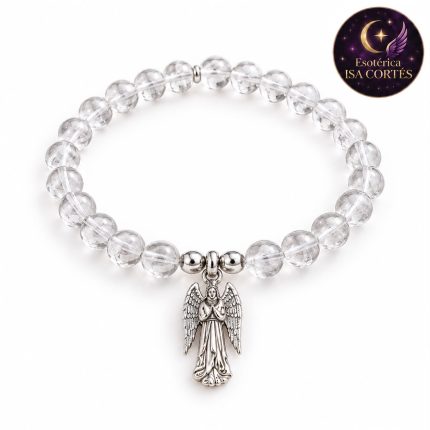 Pulsera de cuarzo transparente con medalla del Arcángel San Gabriel en hilo elástico