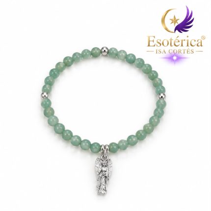 Pulsera de aventurina verde con medalla de plata del Arcángel San Rafael en hilo elástico