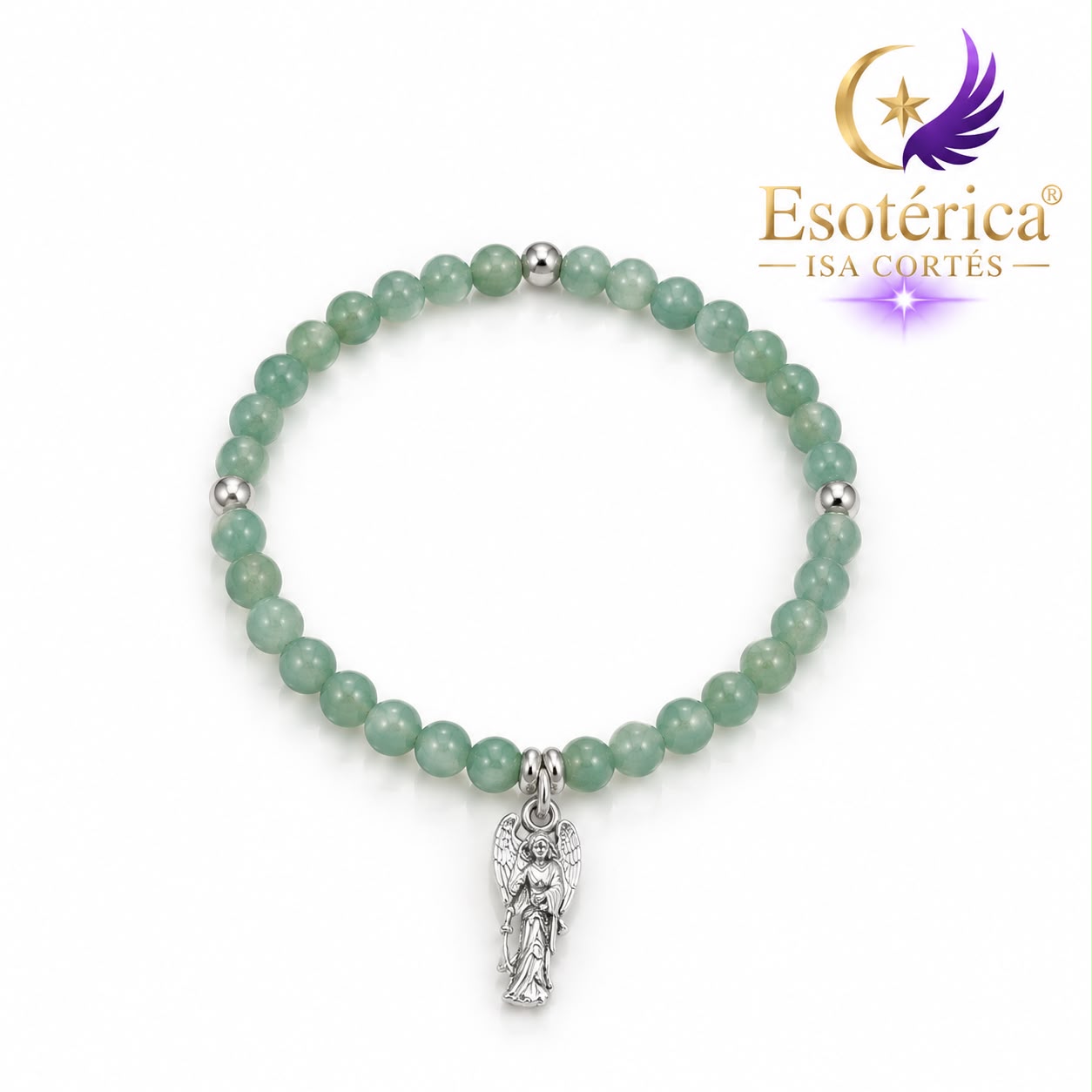 Pulsera Arcángel San Rafael de Aventurina Verde en Plata Pulsera de aventurina verde con medalla de plata del Arcángel San Rafael en hilo elástico