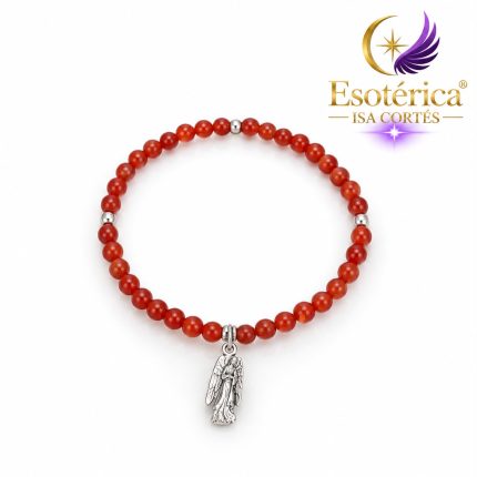 Pulsera de coralina naranja con medalla de plata del Arcángel Uriel en hilo elástico