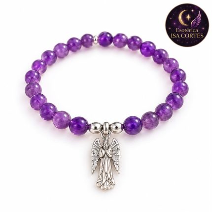 Pulsera de amatista con medalla de plata del Arcángel Zadquiel en hilo elástico