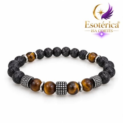 Pulsera con cuentas de turmalina negra y ojo de tigre y piezas de acero inoxidable en hilo elástico