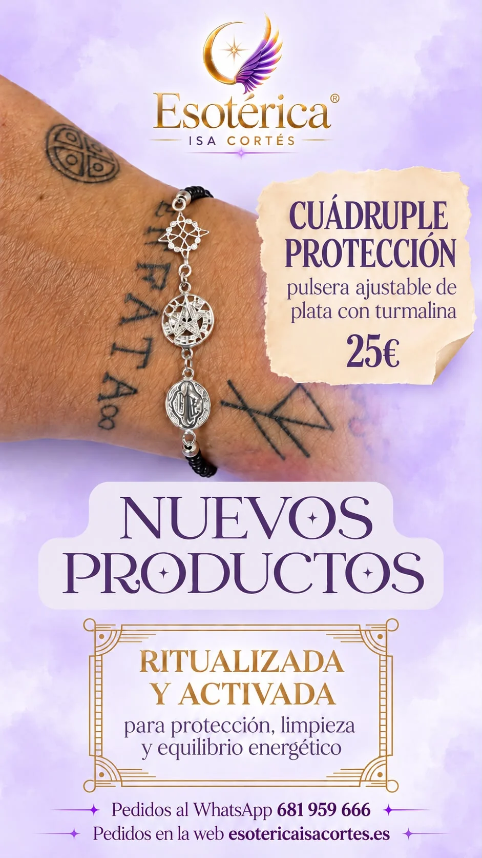 Pulsera Cuádruple Protección Turmalina, Nudo de Bruja, Tetragramatón y San Benito Cartel de la pulsera cuádruple protección ajustable de plata con turmalina