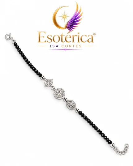 Pulsera cuádruple protección de plata con turmalina negra, nudo de bruja, tetragramatón y San Benito