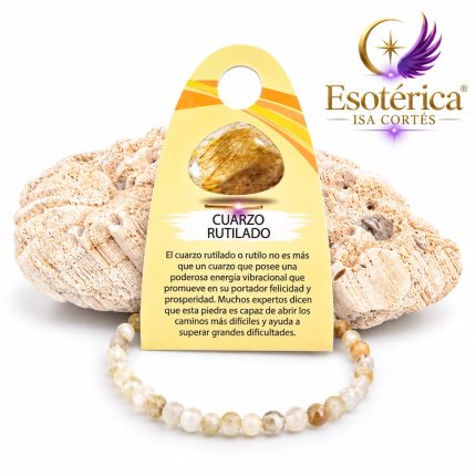 Pulsera de cuarzo rutilado con cuentas transparentes y finas agujas doradas de rutilo en hilo elástico