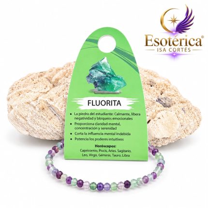 Pulsera de fluorita con cuentas en tonos violeta, verde y transparente en hilo elástico