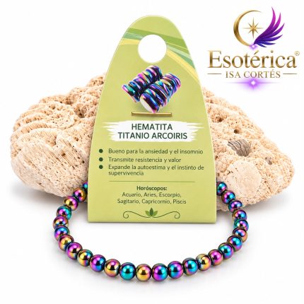 Pulsera de hematita titanio arcoíris con cuentas metálicas y reflejos tornasolados en hilo elástico