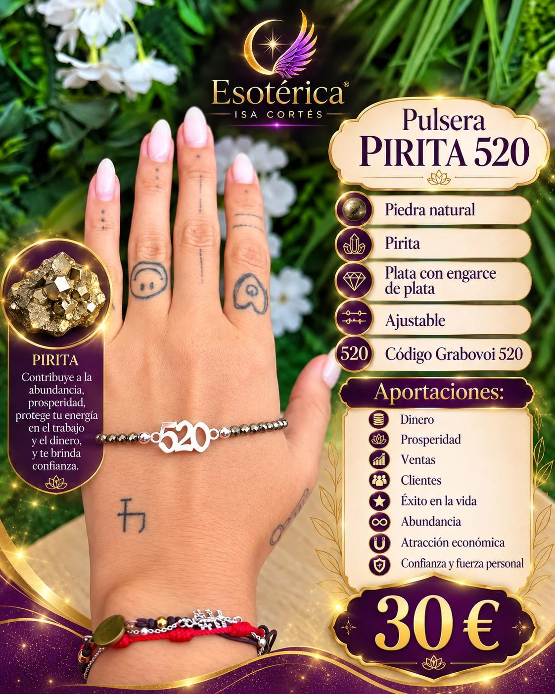 Pulsera de Pirita 520 Grabovoi en Plata Cartel de la pulsera de pirita 520 con sus características