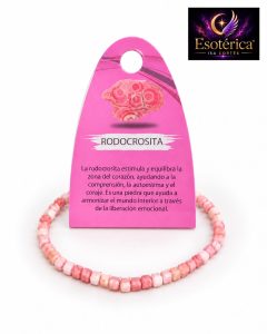 Pulsera de rodocrosita con cuentas rosa atravesadas por bandas blancas en hilo elástico