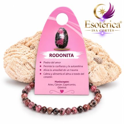 Pulsera de rodonita con cuentas de rosa intenso y vetas negras en hilo elástico
