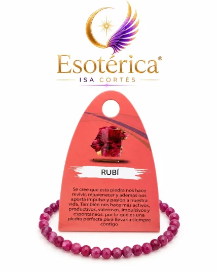 Pulsera de rubí de piedras facetadas de 2 mm con la tarjeta explicativa de la piedra