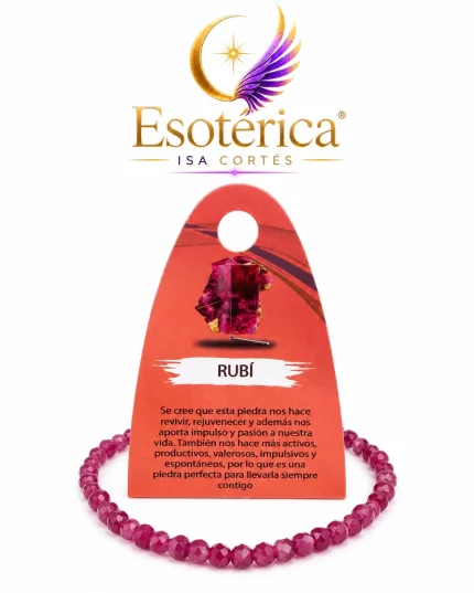 Pulsera de rubí de piedras facetadas de 3 mm con la tarjeta explicativa de la piedra