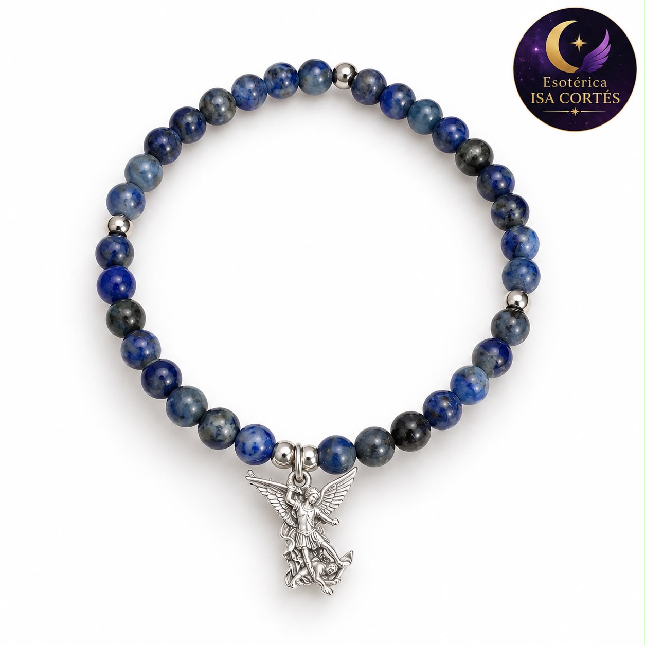 Pulsera San Miguel Arcángel de Lapislázuli en Plata Pulsera de lapislázuli con medalla de plata de San Miguel Arcángel en hilo elástico