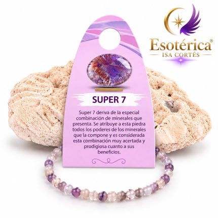 Pulsera Super Siete con cuentas de cuarzo en tonos violáceos y ahumados con inclusiones, en hilo elástico